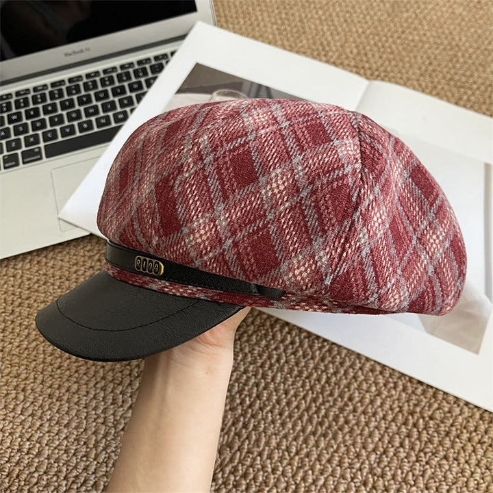 Women's Plaid Pattern Leather Brim Beret Hat - Red - Adjustable (22 - 22 7/8'') - image 3