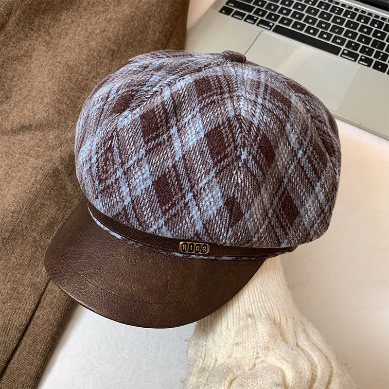 Women's Plaid Pattern Leather Brim Beret Hat - Blue - Adjustable (22 - 22 7/8'') - image 0