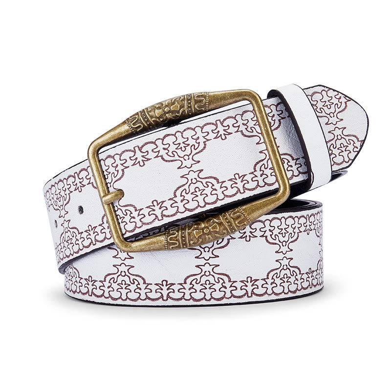 Men's Retro Pattern Decorative Buckle Leather Belt - White - 42 - image 3