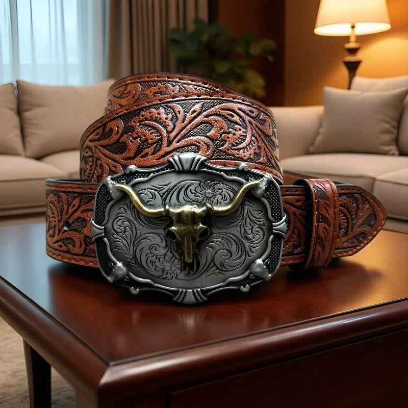 Men's Retro Carved Bull Skull Emblem Leather Belt - Camel - 44 - image 2