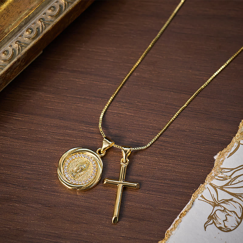 Lustrous Gold-Tone Metal Seal & Cross Dual-Pendant Necklace - image 3