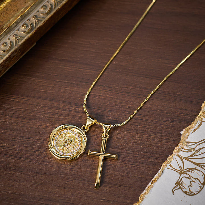 Lustrous Gold-Tone Metal Seal & Cross Dual-Pendant Necklace - image 3
