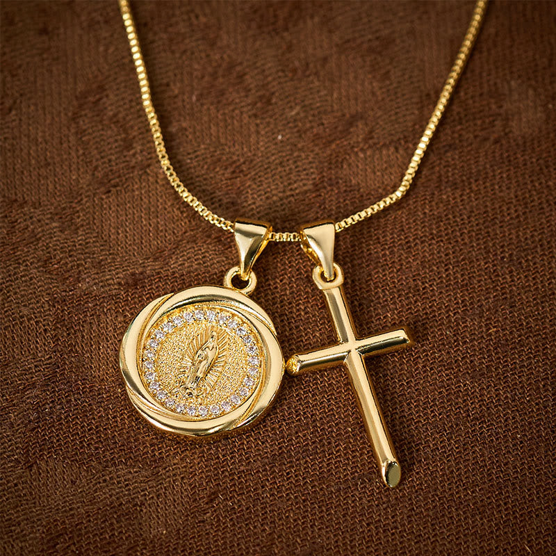 Lustrous Gold-Tone Metal Seal & Cross Dual-Pendant Necklace - image 2