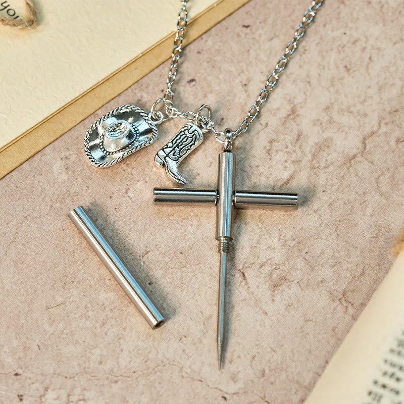 EDC Tool Cross Self-defense Needle & Silver Pendant Necklace - image 1