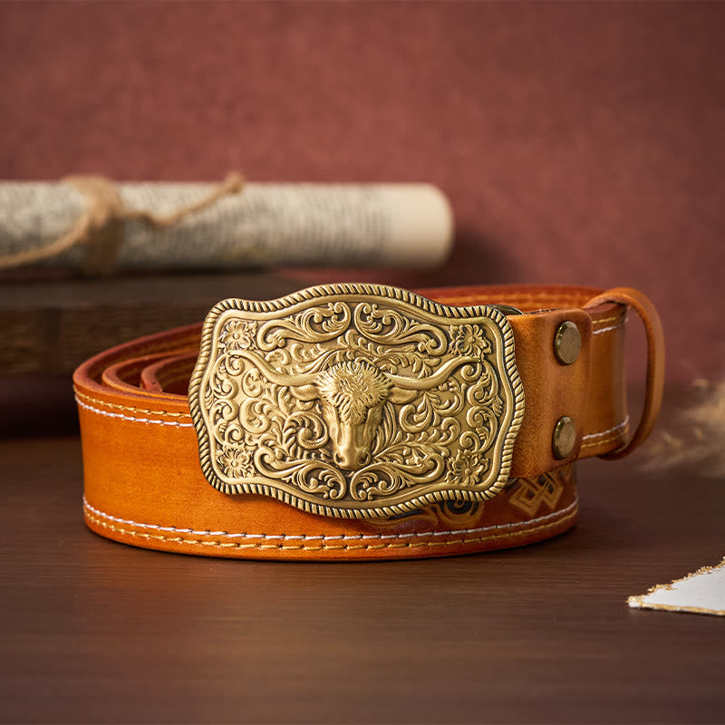 Men's Western Style Copper Bullhead Buckle Embossed Leather Belt - Yellow - 44 - image 1