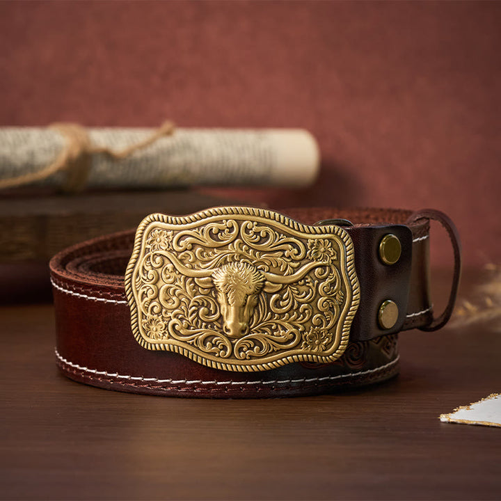 Men's Western Style Copper Bullhead Buckle Embossed Leather Belt - Coffee - 44 - image 4