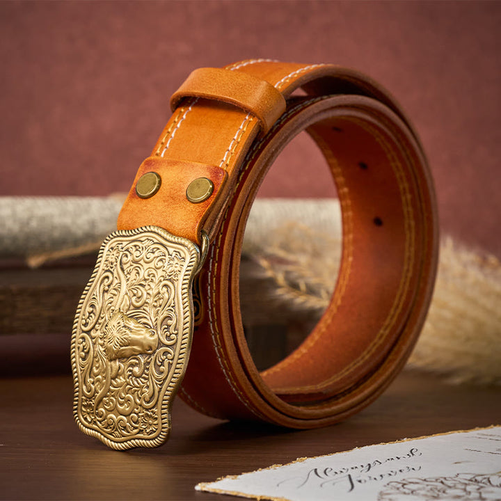 Men's Western Style Copper Bullhead Buckle Embossed Leather Belt - image 2