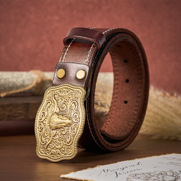 Men's Western Style Copper Bullhead Buckle Embossed Leather Belt - image 5