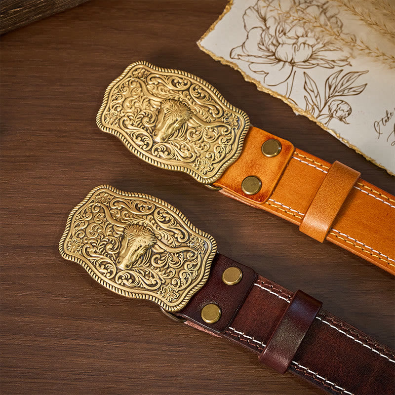 Men's Western Style Copper Bullhead Buckle Embossed Leather Belt - image 7