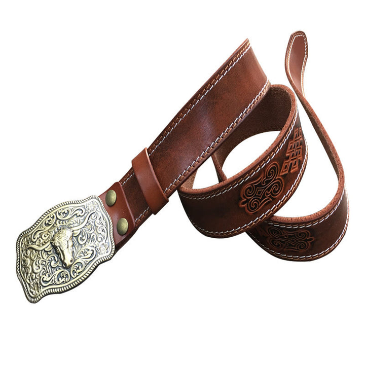 Men's Western Style Copper Bullhead Buckle Embossed Leather Belt - Brown - 44 - image 8