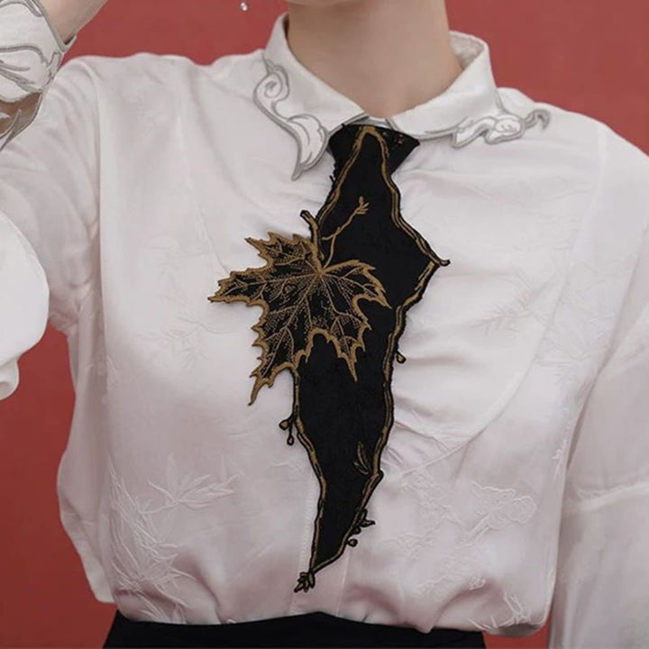 Women's Black Maple Leave Embroidered Zipper Necktie - image 4