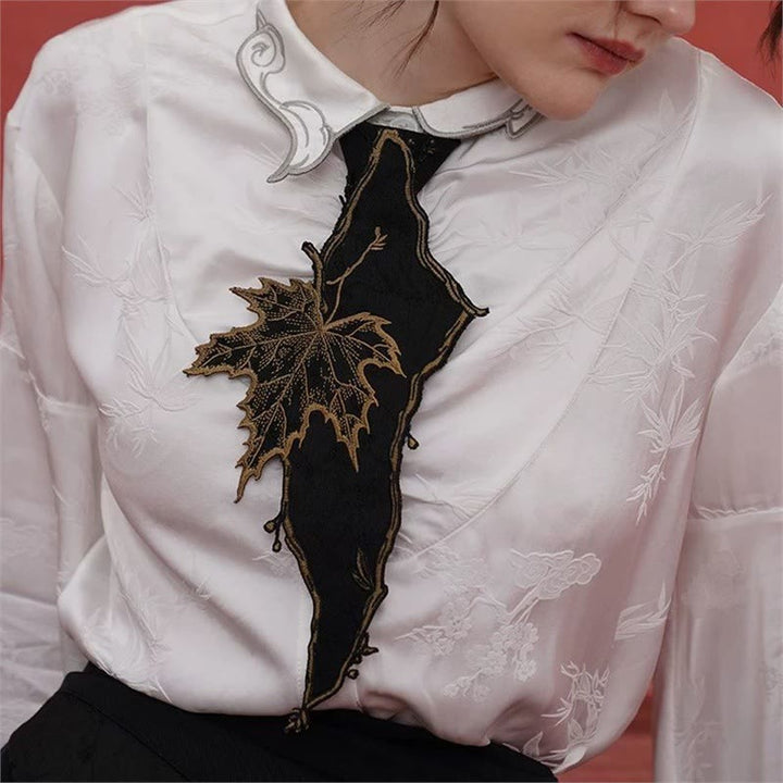 Women's Black Maple Leave Embroidered Zipper Necktie - image 2
