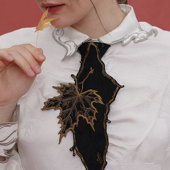 Women's Black Maple Leave Embroidered Zipper Necktie - image 1