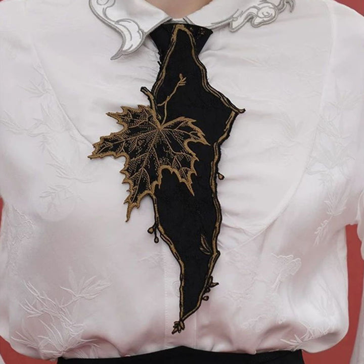 Women's Black Maple Leave Embroidered Zipper Necktie - Black - image 0