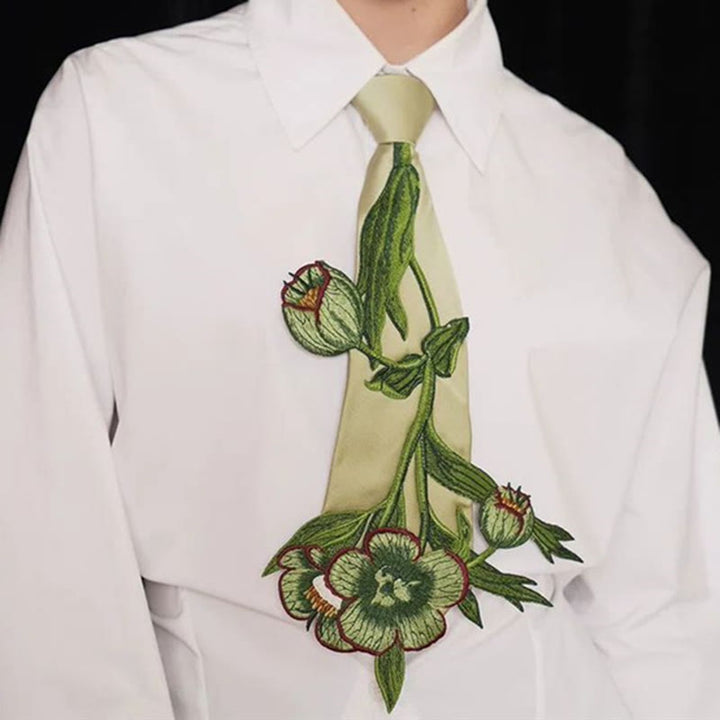Women's Green Botanical Embroidered Zipper Necktie - Green - image 0