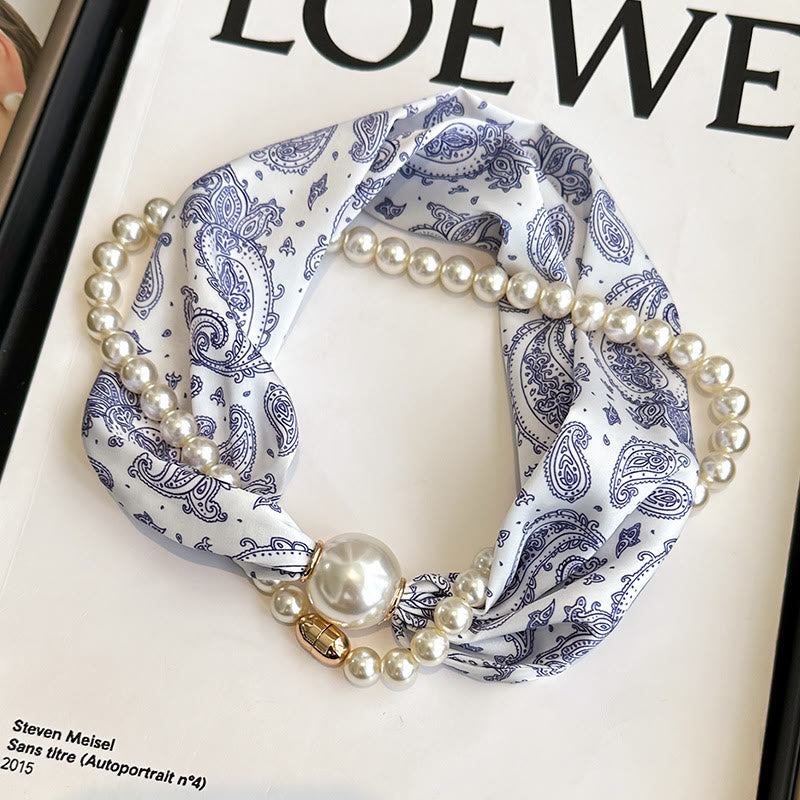 Women's Magnetic Clasp Artificial Pearl Necklace Scarf - Navy Paisley - image 8