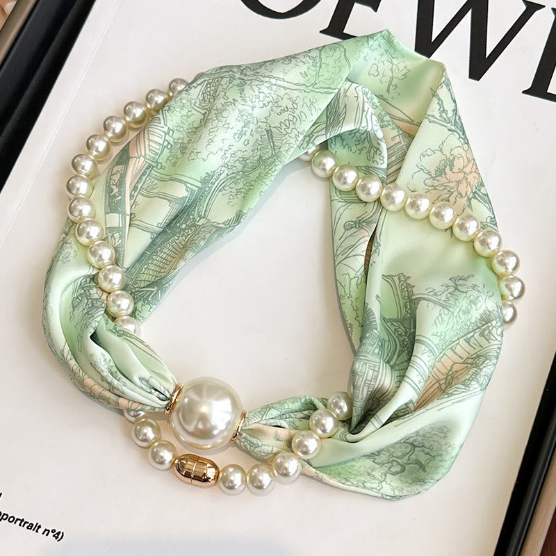 Women's Magnetic Clasp Artificial Pearl Necklace Scarf - Light Green - image 6