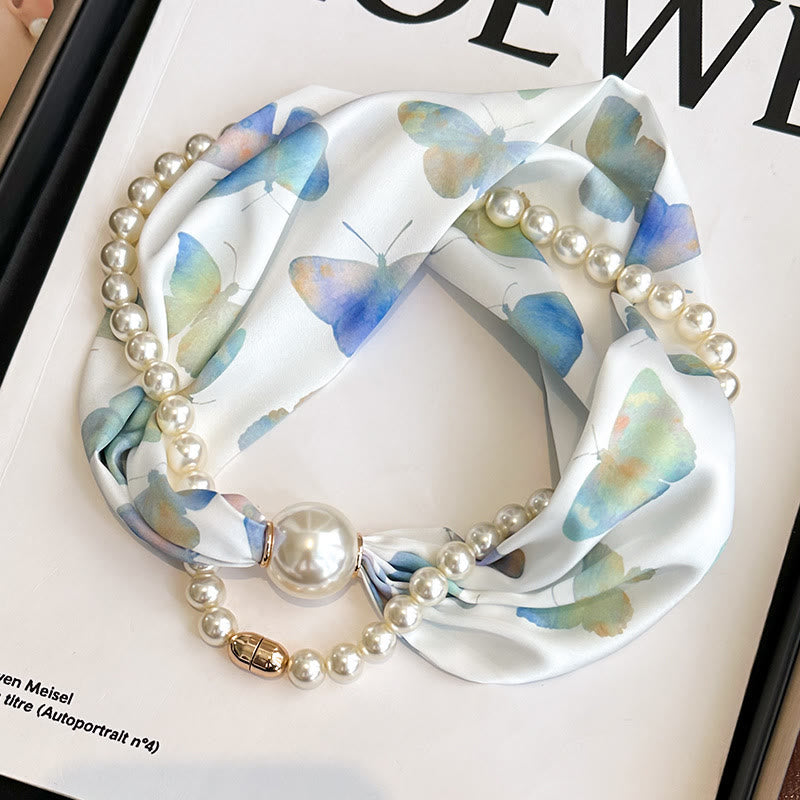 Women's Magnetic Clasp Artificial Pearl Necklace Scarf - Blue Butterfly - image 5