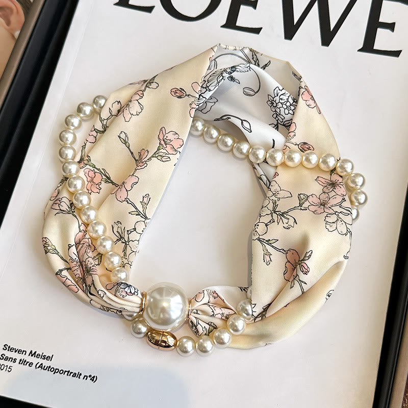 Women's Magnetic Clasp Artificial Pearl Necklace Scarf - Beige Peach Blossom - image 14