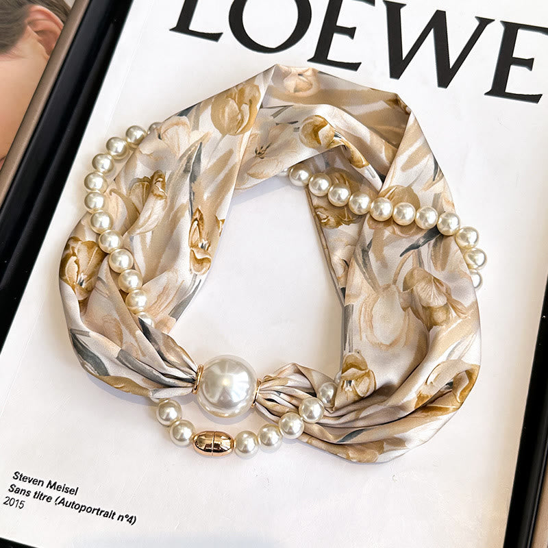 Women's Magnetic Clasp Artificial Pearl Necklace Scarf - Coffee Tulip - image 15