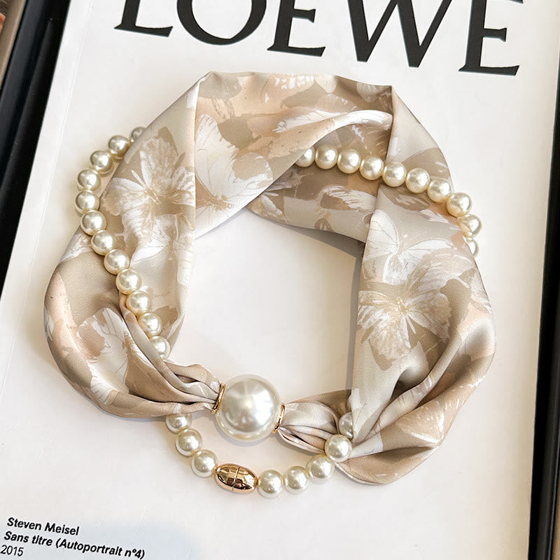 Women's Magnetic Clasp Artificial Pearl Necklace Scarf - Coffee Butterfly - image 0