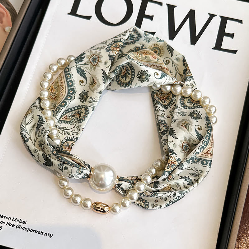 Women's Magnetic Clasp Artificial Pearl Necklace Scarf - Dark Green Paisley - image 9