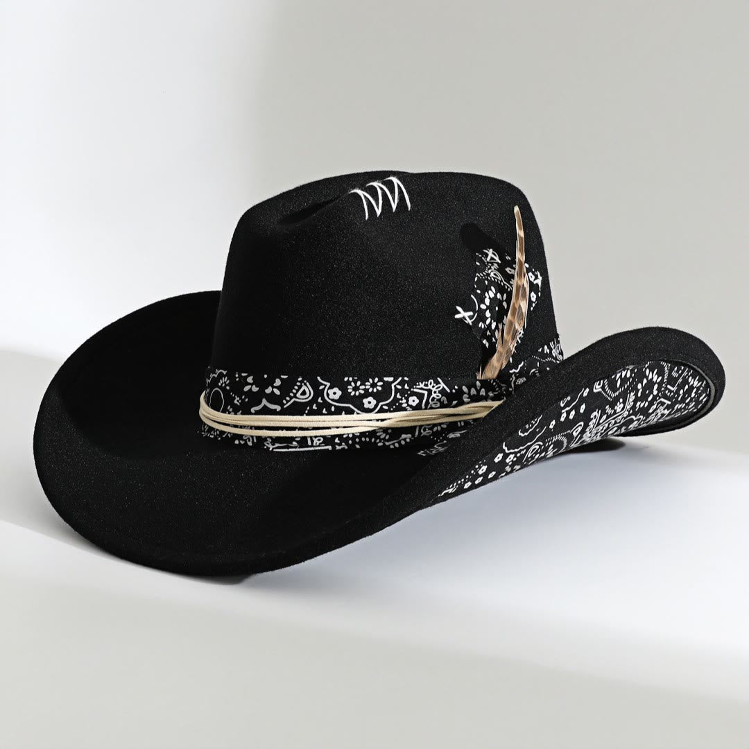 Bandana Trim Western Style Feather Accent Cowboy Hat - Black - M (22"-22 7/8") - image 1