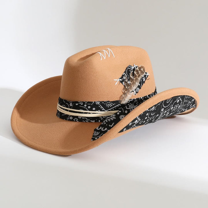 Bandana Trim Western Style Feather Accent Cowboy Hat - Khaki - M (22"-22 7/8") - image 0