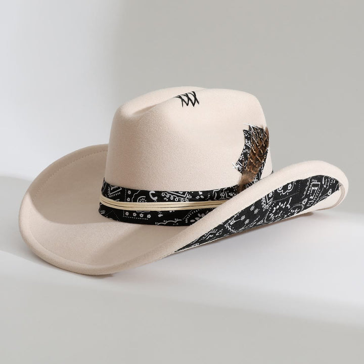 Bandana Trim Western Style Feather Accent Cowboy Hat - Off-white - M (22"-22 7/8") - image 2
