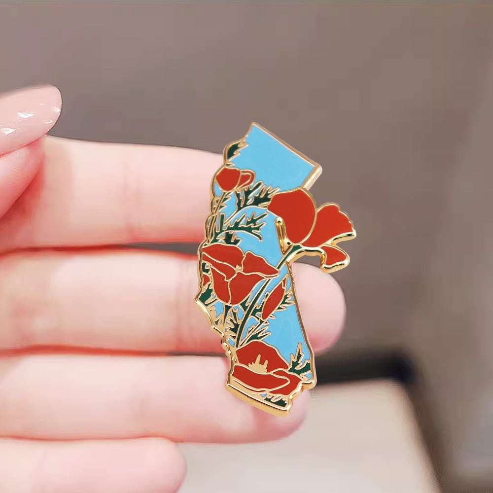 Gold California Poppy State Enamel Brooch - image 2