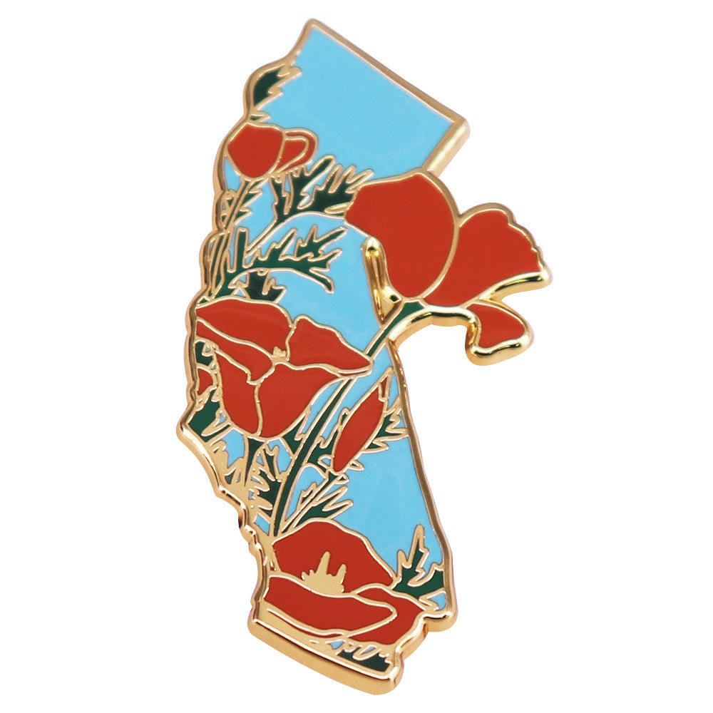 Gold California Poppy State Enamel Brooch - Red & Blue - image 0