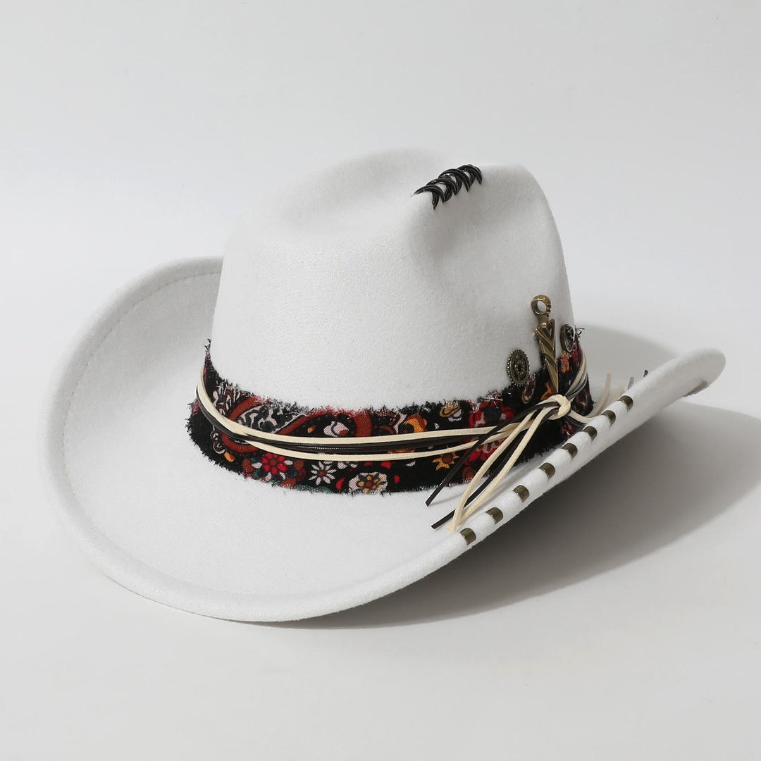 Frayed Trim Western Style Feather Accent Cowboy Hat - White - M (22"-22 7/8") - image 4