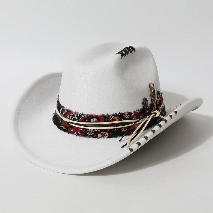 Frayed Trim Western Style Feather Accent Cowboy Hat - White - M (22"-22 7/8") - image 4