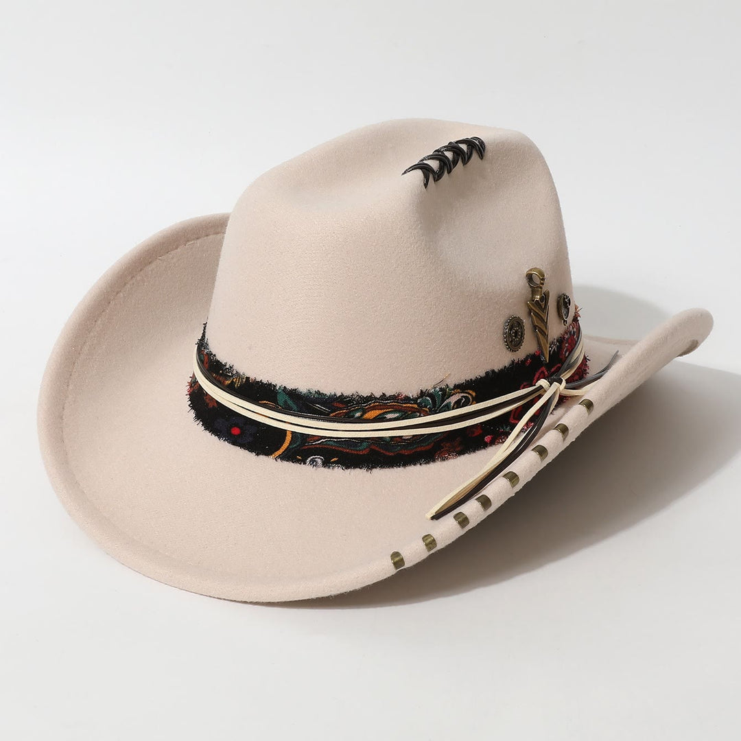 Frayed Trim Western Style Feather Accent Cowboy Hat - Beige - M (22"-22 7/8") - image 0