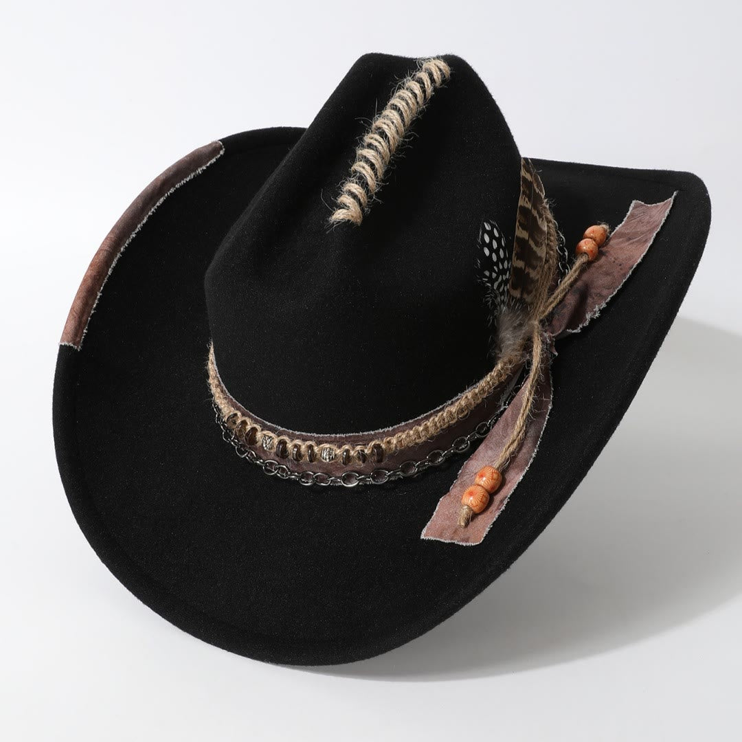 Leather Chain Trim Western Style Feather Embellished Cowboy Hat - image 3