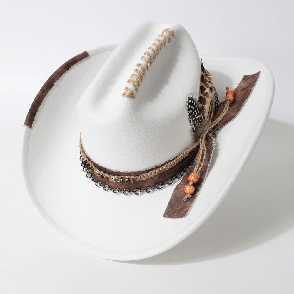 Leather Chain Trim Western Style Feather Embellished Cowboy Hat - image 1