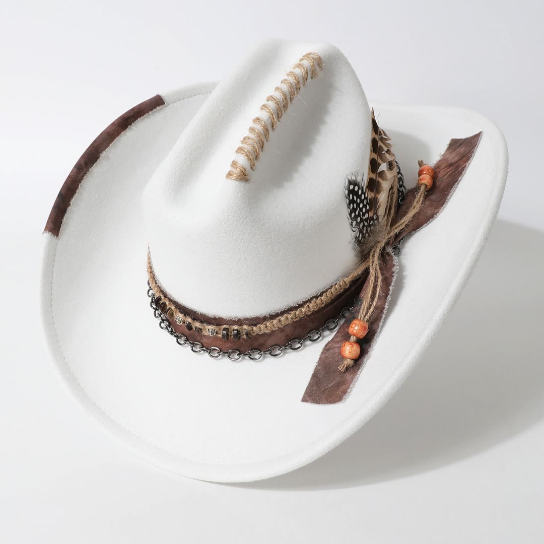 Leather Chain Trim Western Style Feather Embellished Cowboy Hat - image 1