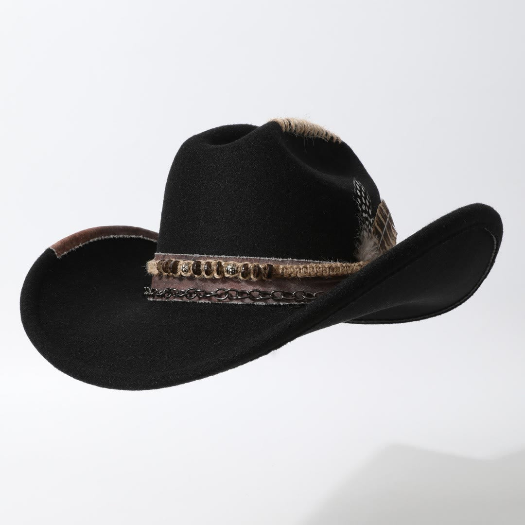 Leather Chain Trim Western Style Feather Embellished Cowboy Hat - Black - M (22"-22 7/8") - image 2