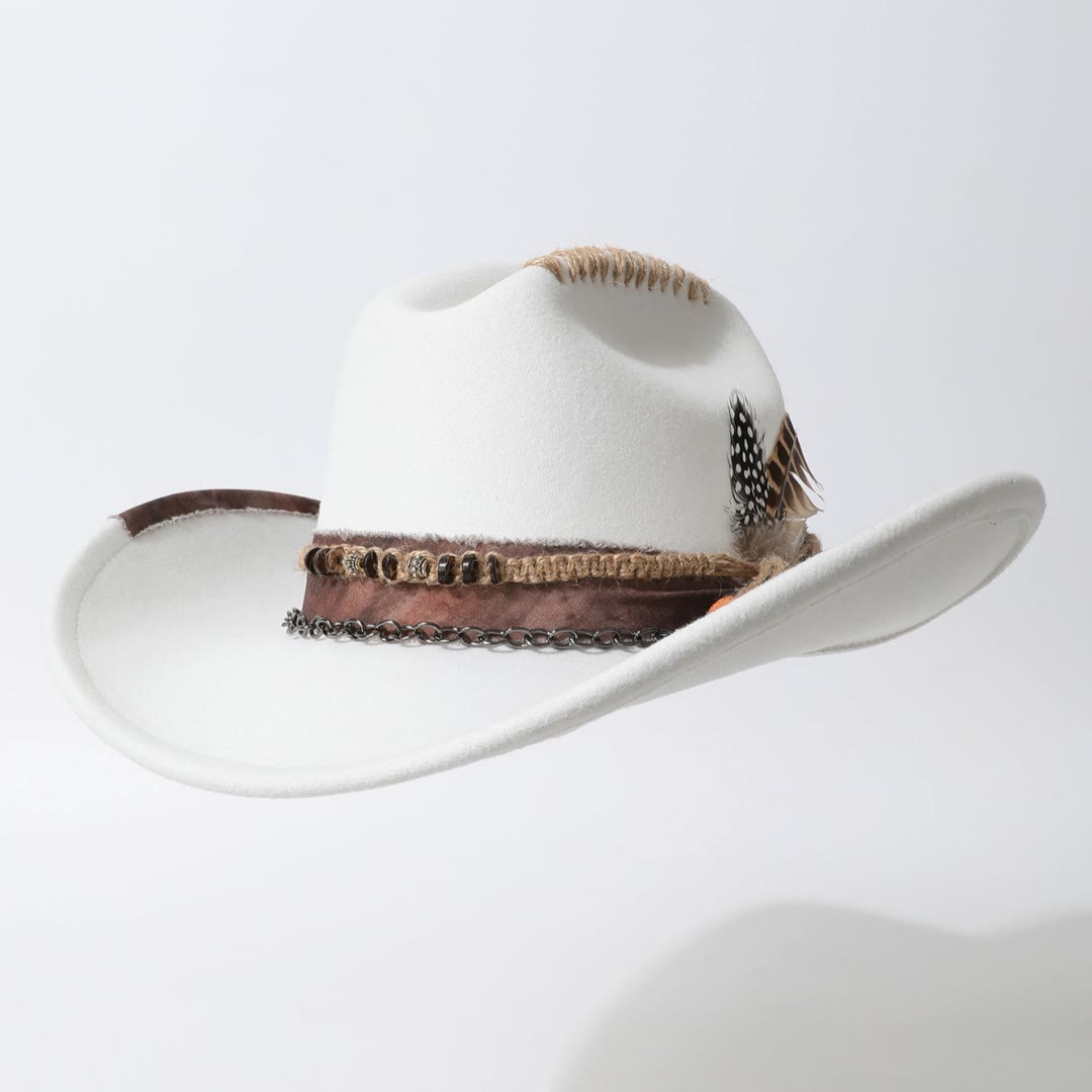 Leather Chain Trim Western Style Feather Embellished Cowboy Hat - White - M (22"-22 7/8") - image 0