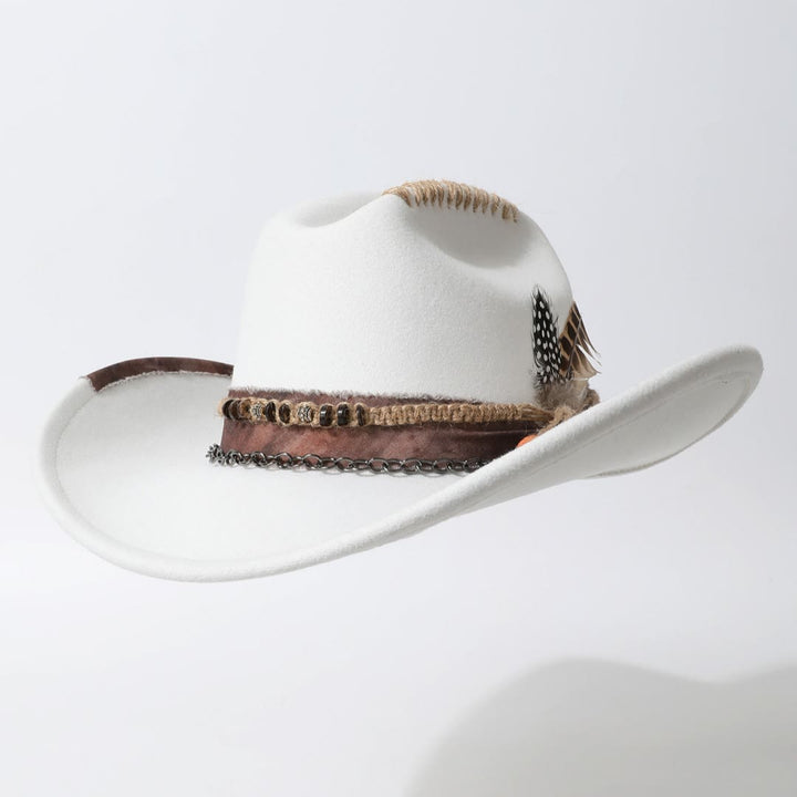 Leather Chain Trim Western Style Feather Embellished Cowboy Hat - White - M (22"-22 7/8") - image 0
