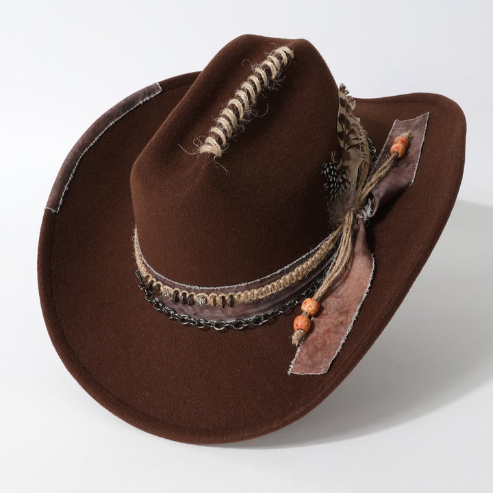 Leather Chain Trim Western Style Feather Embellished Cowboy Hat - Coffee - M (22"-22 7/8") - image 4