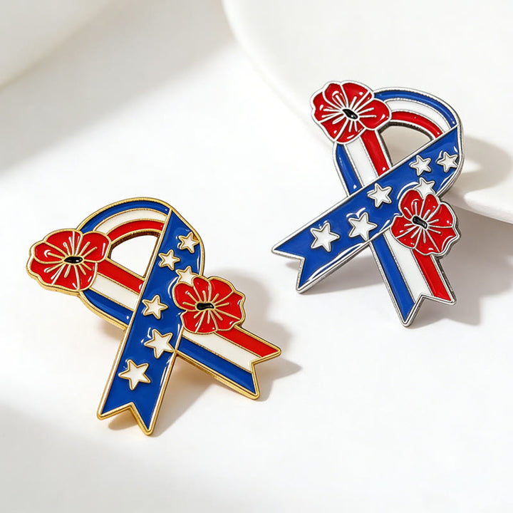 Patriotic Ribbon American Flag Poppy Enamel Brooch - image 5
