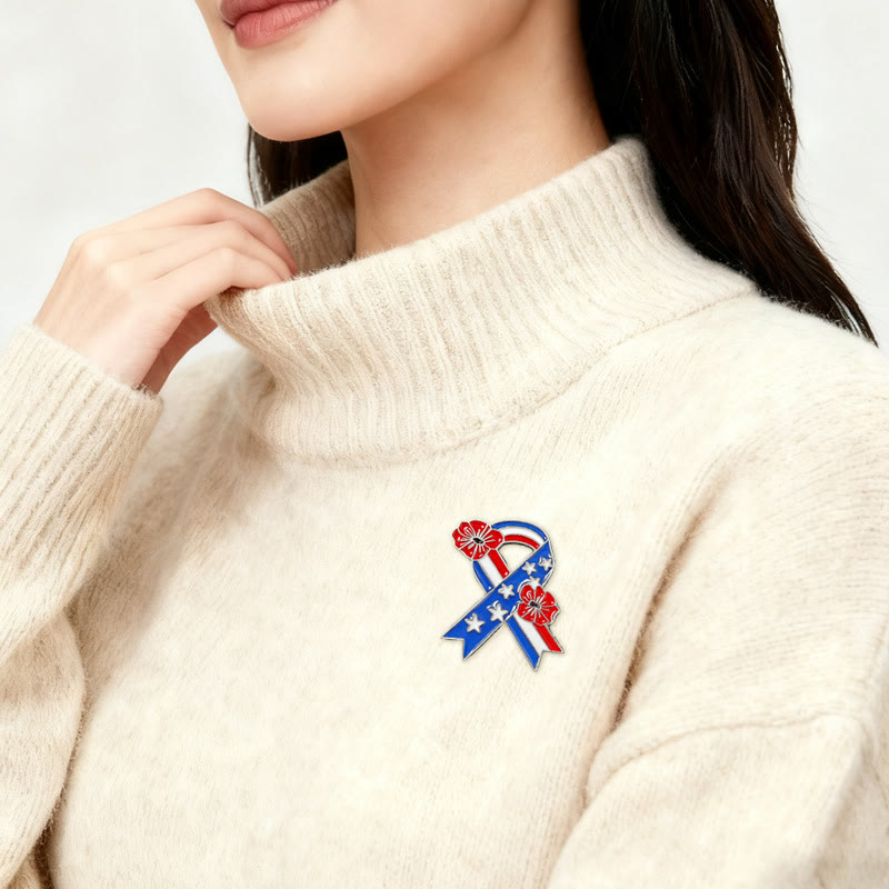 Patriotic Ribbon American Flag Poppy Enamel Brooch - image 1
