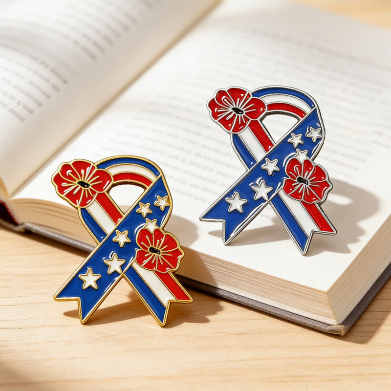 Patriotic Ribbon American Flag Poppy Enamel Brooch - image 4