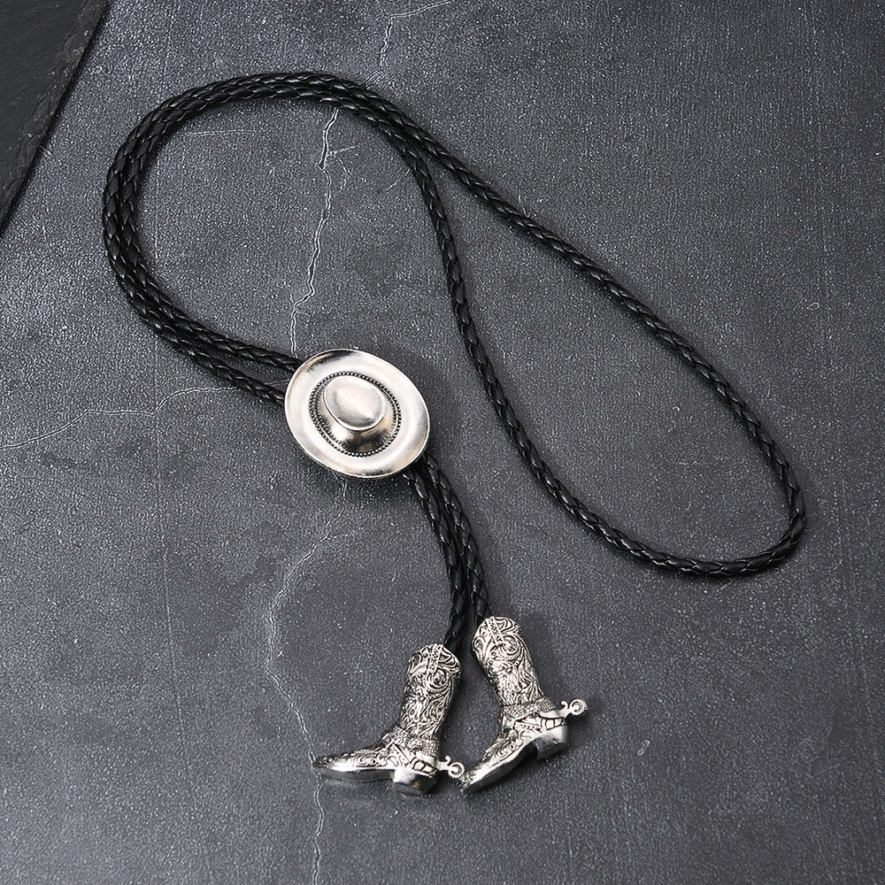 Western Cowboy Hat Medallion Boot Tip Bolo Tie - Silver - image 0
