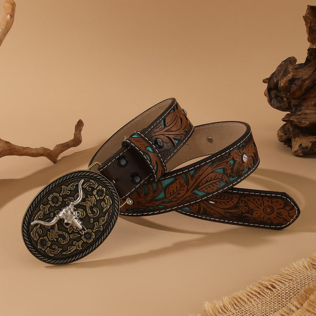 Western Style Golden Bullhead Silver Oval Buckle Embossed Belt - image 5