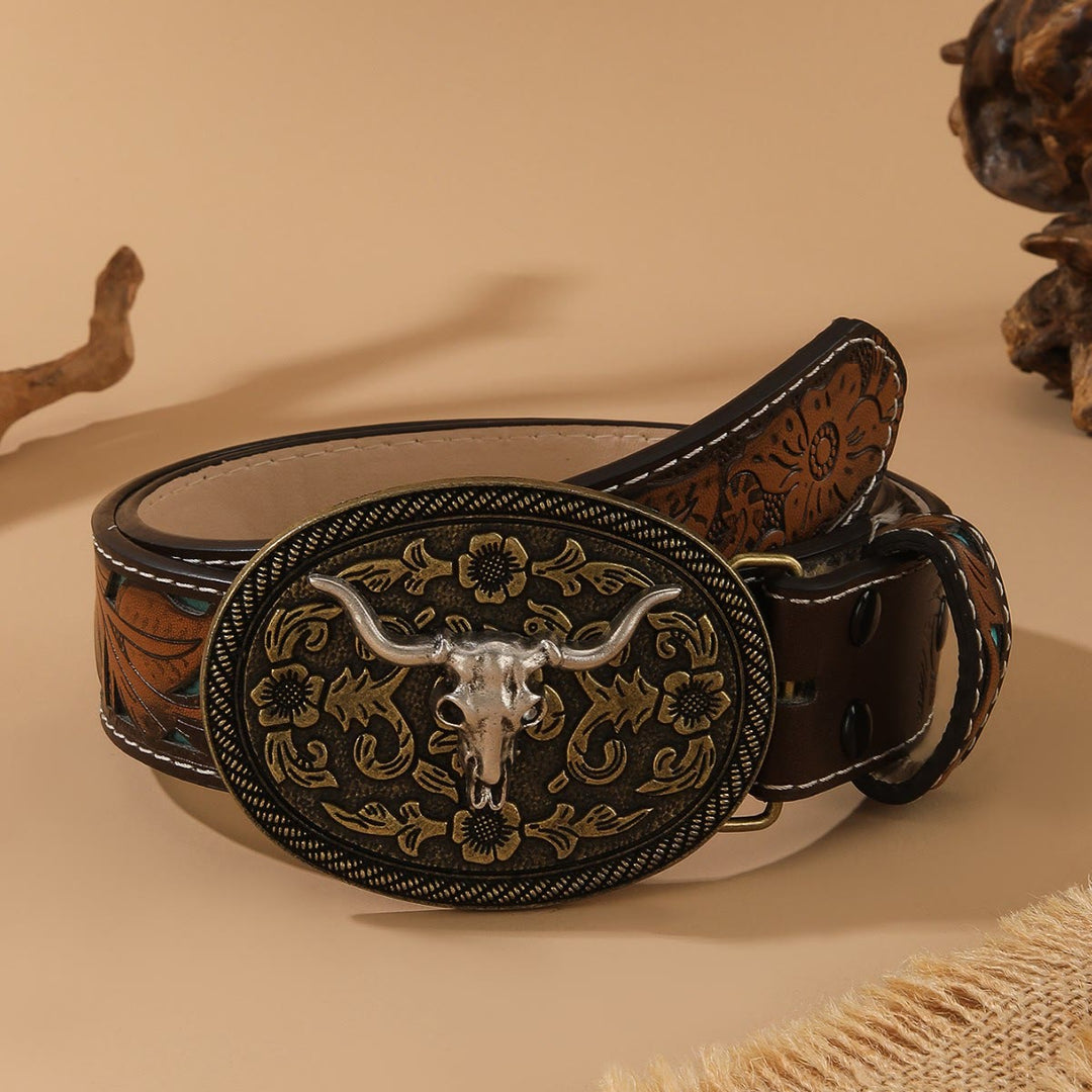 Western Style Golden Bullhead Silver Oval Buckle Embossed Belt - Silver - 44 - image 3