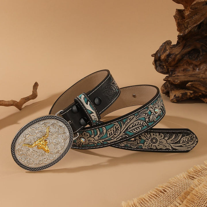 Western Style Golden Bullhead Silver Oval Buckle Embossed Belt - image 2