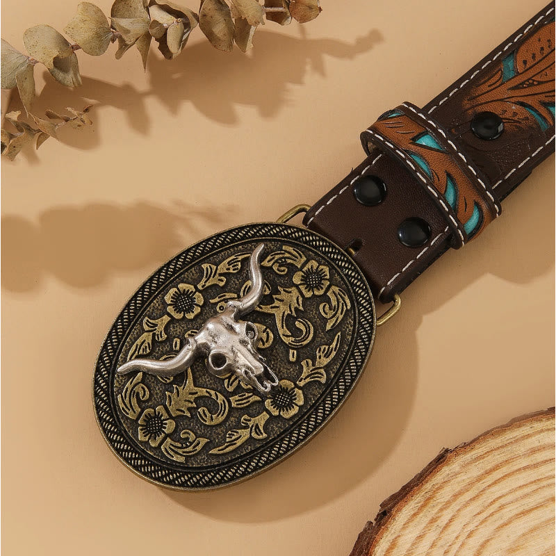 Western Style Golden Bullhead Silver Oval Buckle Embossed Belt - image 4