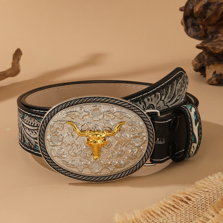 Western Style Golden Bullhead Silver Oval Buckle Embossed Belt - Golden - 44 - image 0